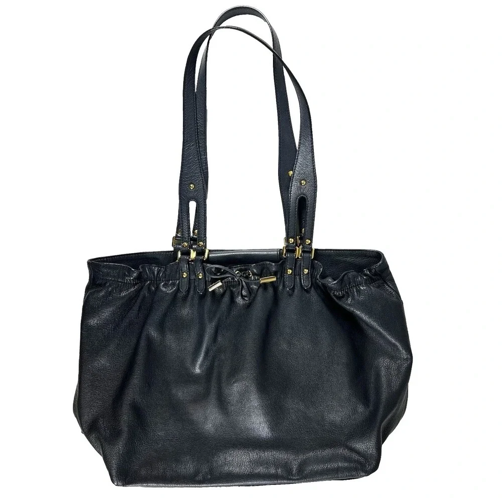 DKNY Karen Large Black‎ Leather Drawstring Shoulder Tote Bag Gold Hardware